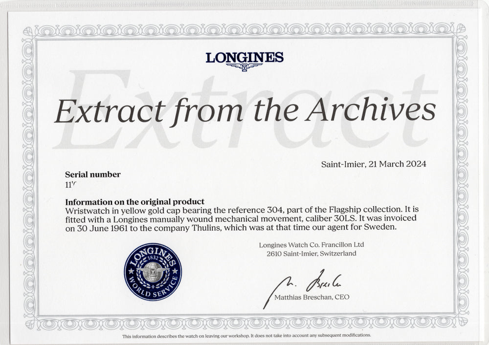 LONGINES Flagship Ref.304 Luminous on the tension ring Extract from the Archives