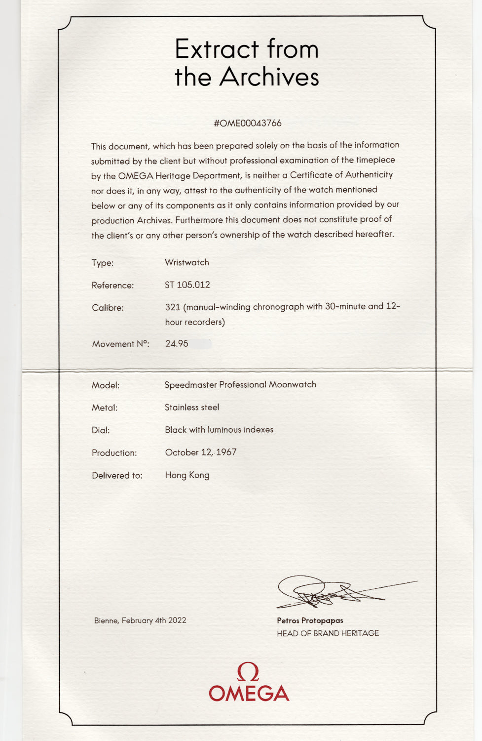OMEGA SPEEDMASTER CB case Ref.105.012 Extract from the Archives