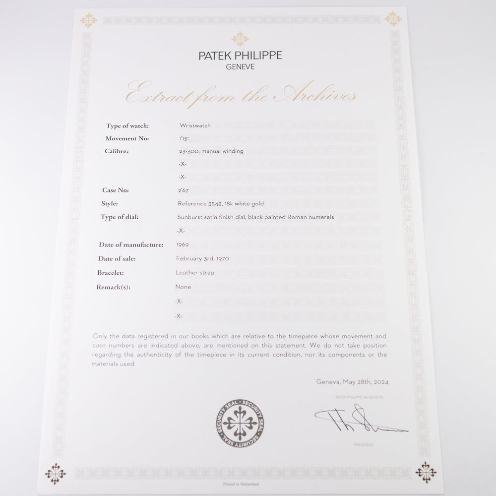 PATEK PHILIPPE Ref.3543 W.Box and Extract from the Archives