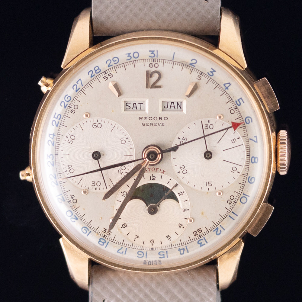RECORD Valjoux 88 Triple Calendar Moon Phase Chronograph in 18K Rose Gold