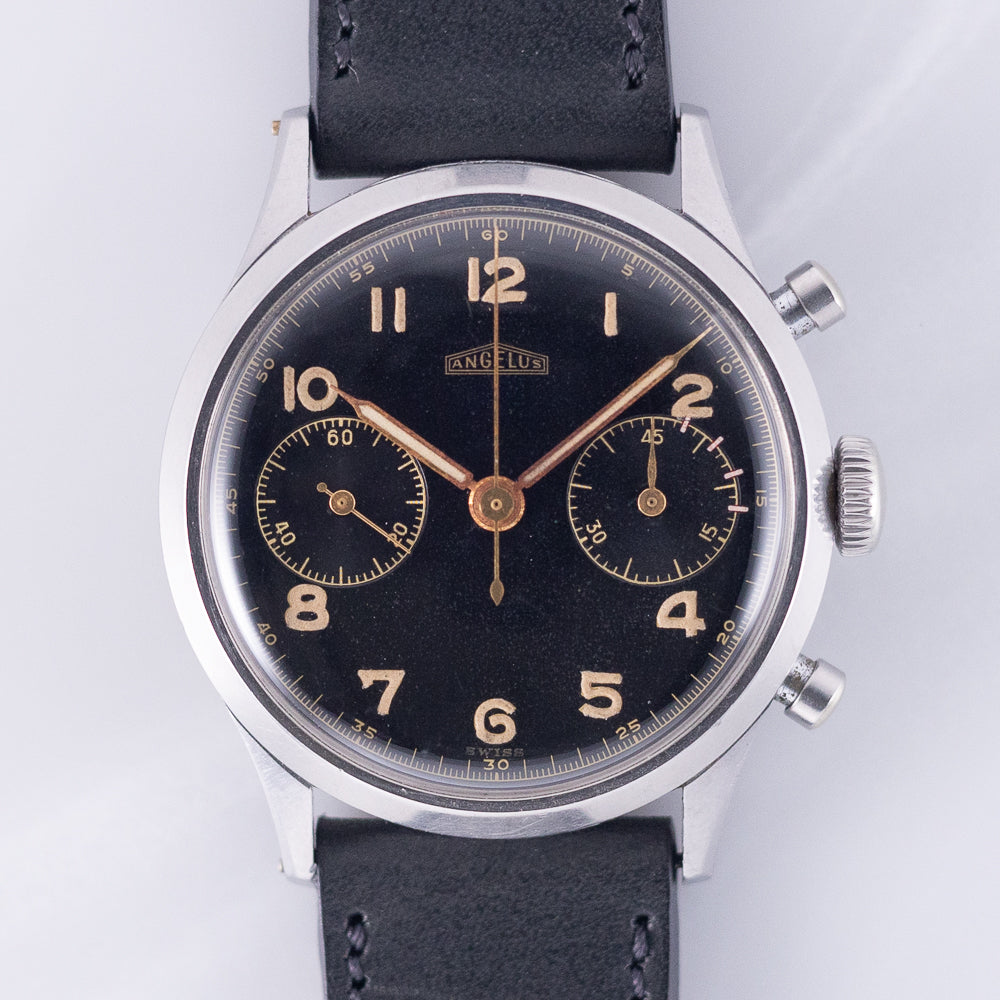 ANGELUS waterploof Micro Pusher Chronograph Black Gilt Dial Cal.215