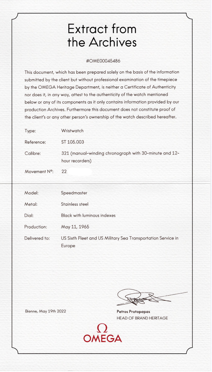 OMEGA SPEEDMASTER Ref.105.003 Delivered to US Sixth Fleet and US Military Sea Transportation Service