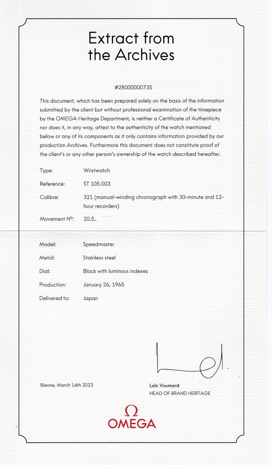 OMEGA SPEEDMASTER Ref.105.003 Extract from the Archives