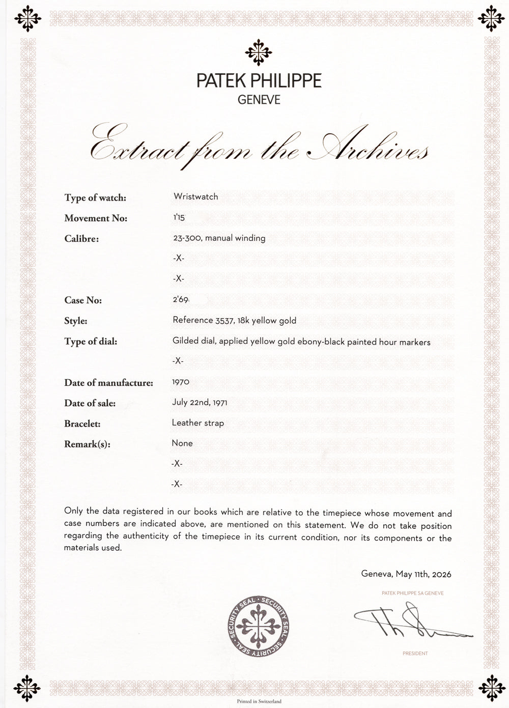 PATEK PHILIPPE Ref.3537 w.Extract from the Archives
