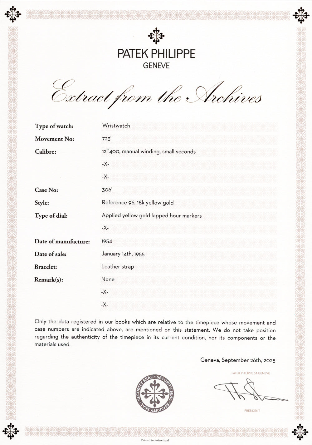 PATEK PHILIPPE Calatrava Ref.96 1954 w. Extract from the Archives