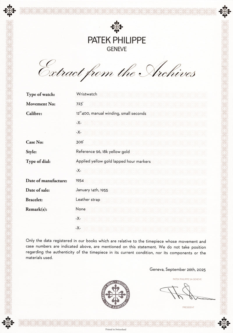 PATEK PHILIPPE Calatrava Ref.96 1954 w. Extract from the Archives