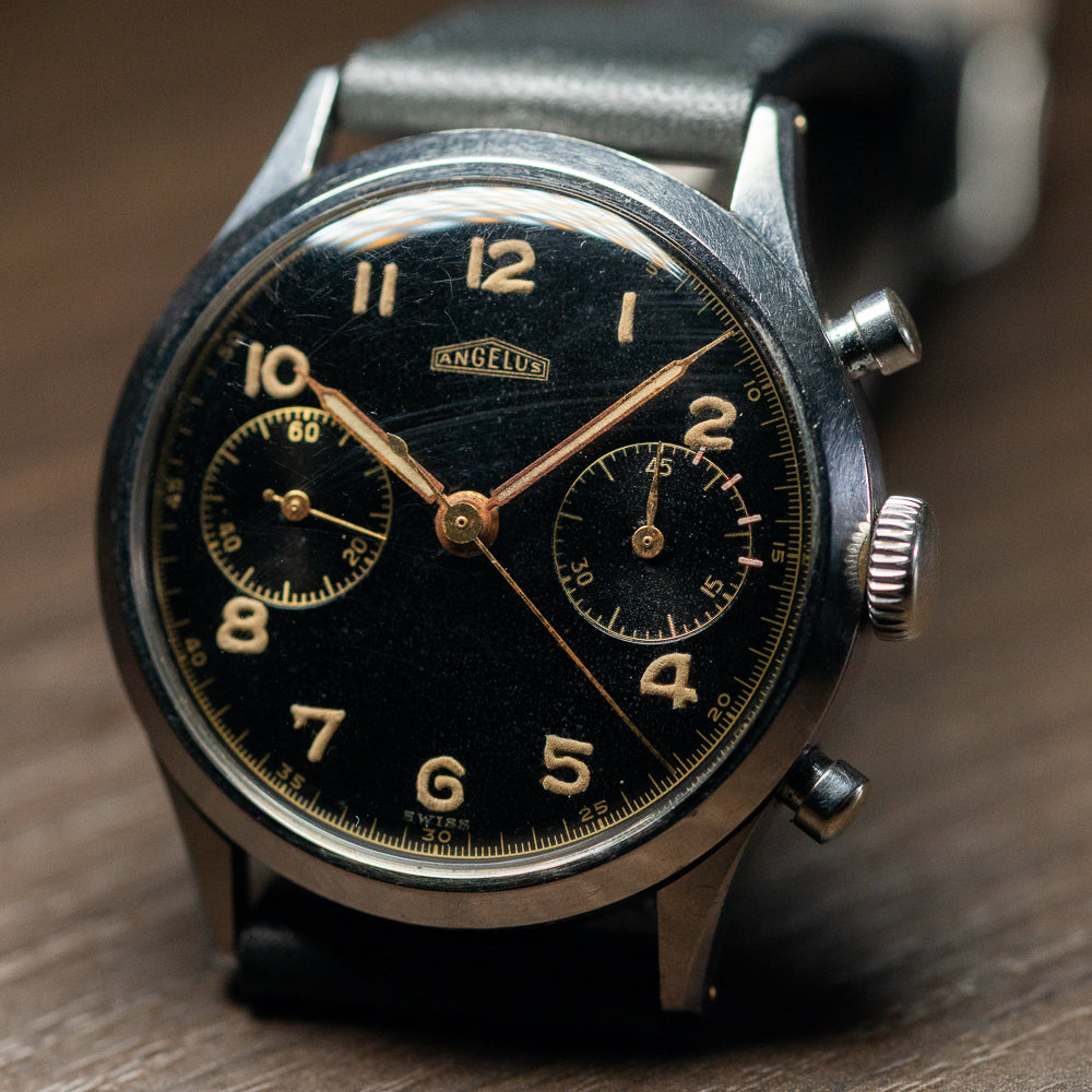 ANGELUS waterploof Micro Pusher Chronograph Black Gilt Dial Cal.215