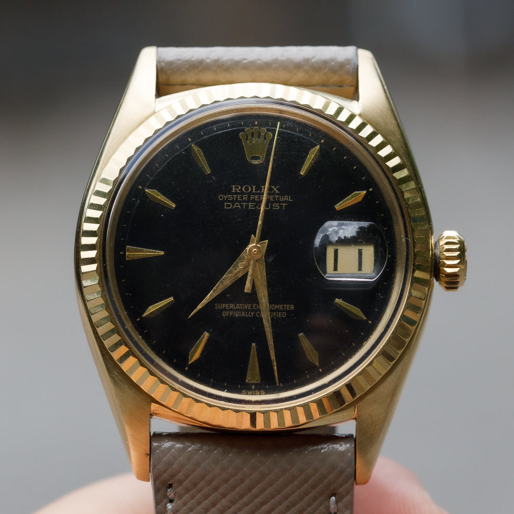 ROLEX DATEJUST Big Coronet Black Gilt Dial 14KYG Ref.1601