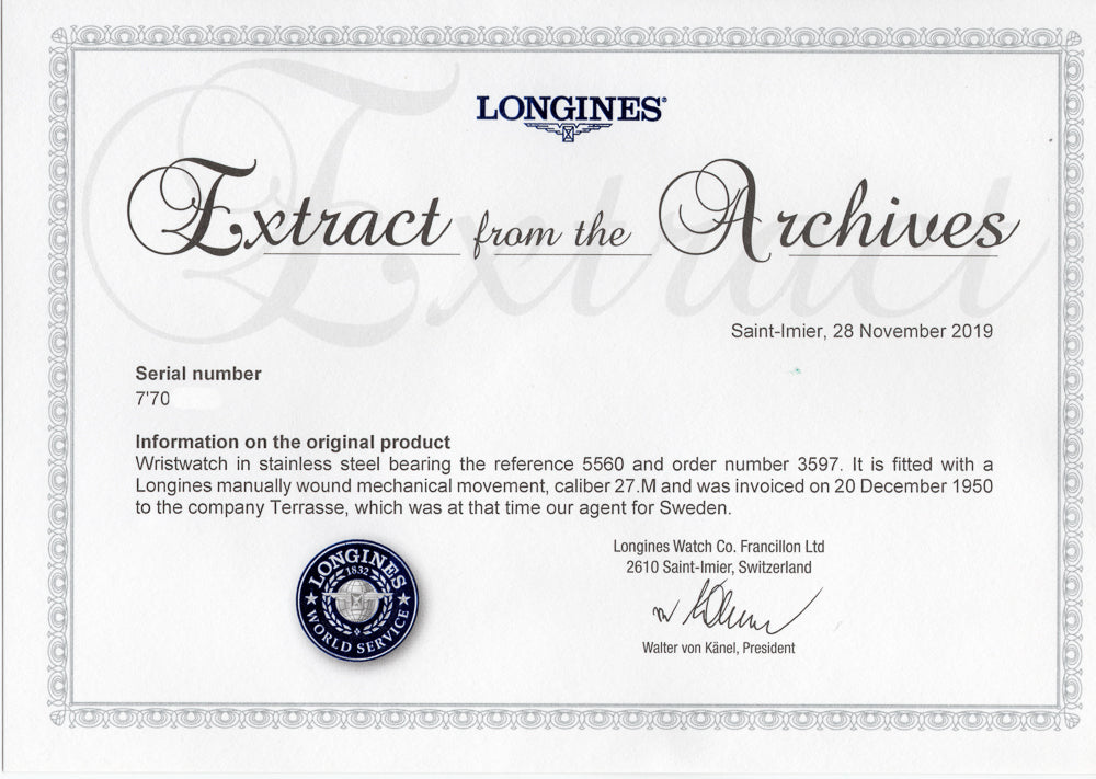 LONGINES  MINT CONDITION w.Extract from the Archives