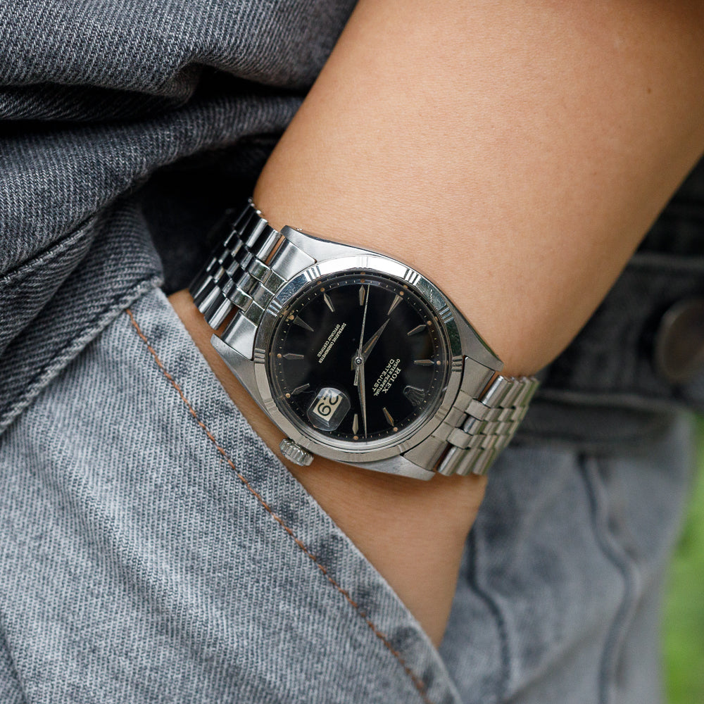ROLEX DATEJUST Ref.1603 Bamboo Bezel Black Gilt Dial – TIMEANAGRAM