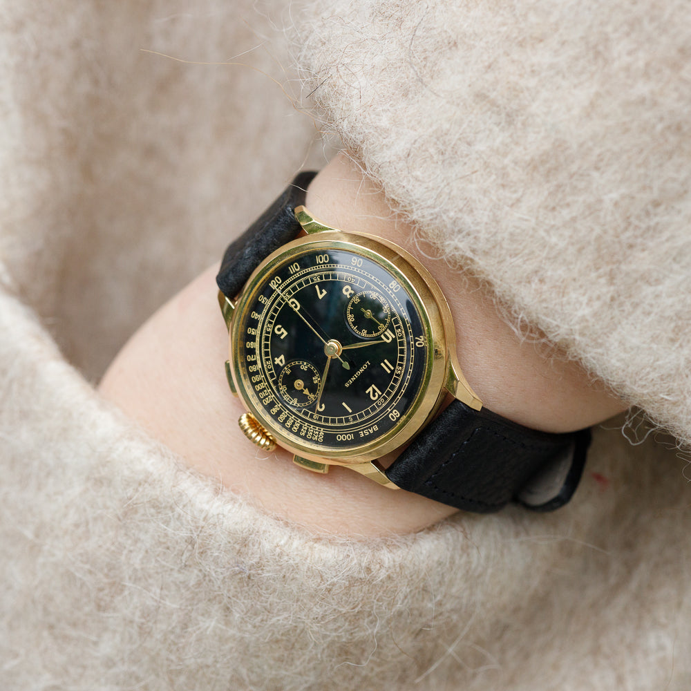 LONGINES Cal.13ZN Chronograph Black Gilt Dial 18K Yellow Gold