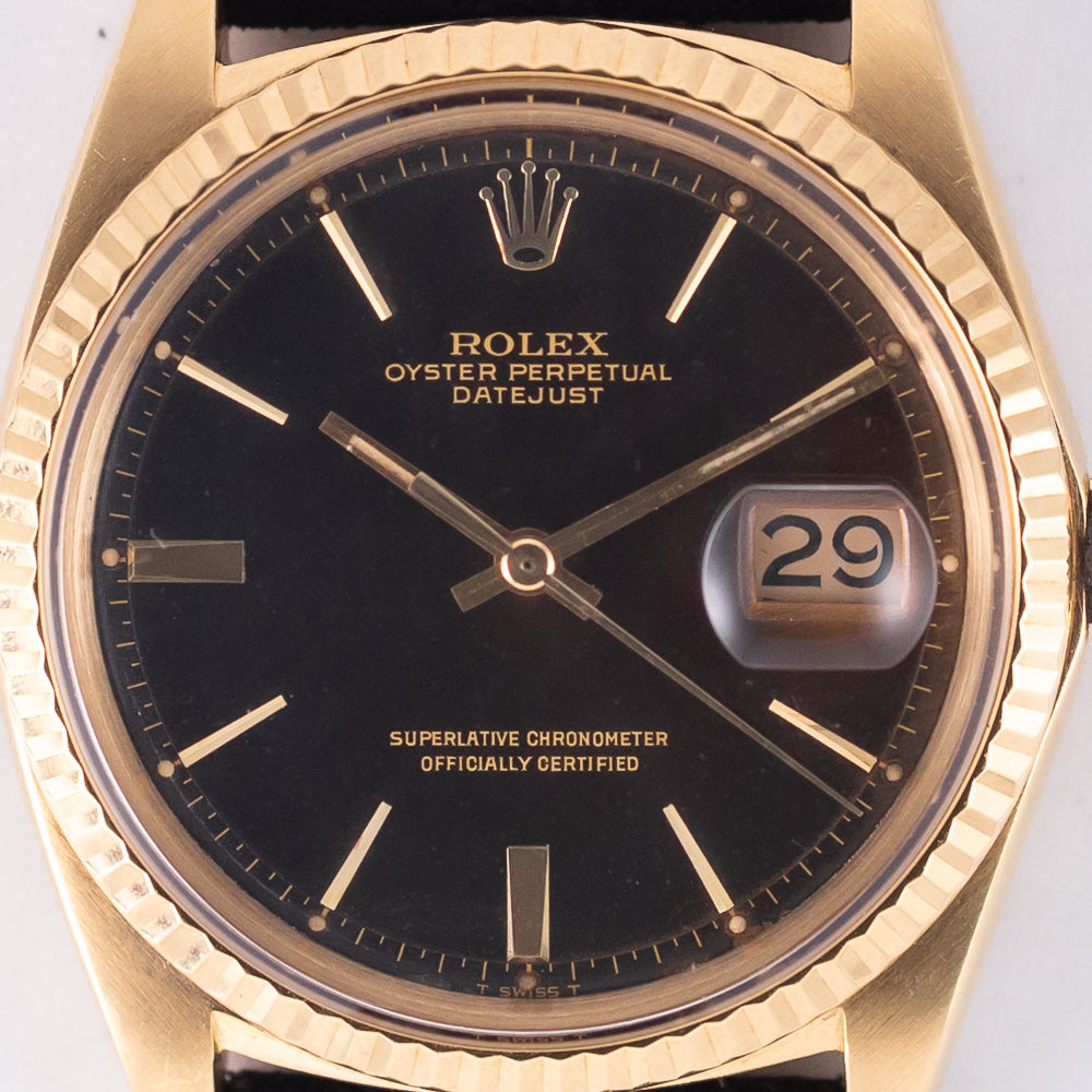 ROLEX DATEJUST Ref.1601 Tropical Black Gilt “Doorstop Dial” 18K Yellow