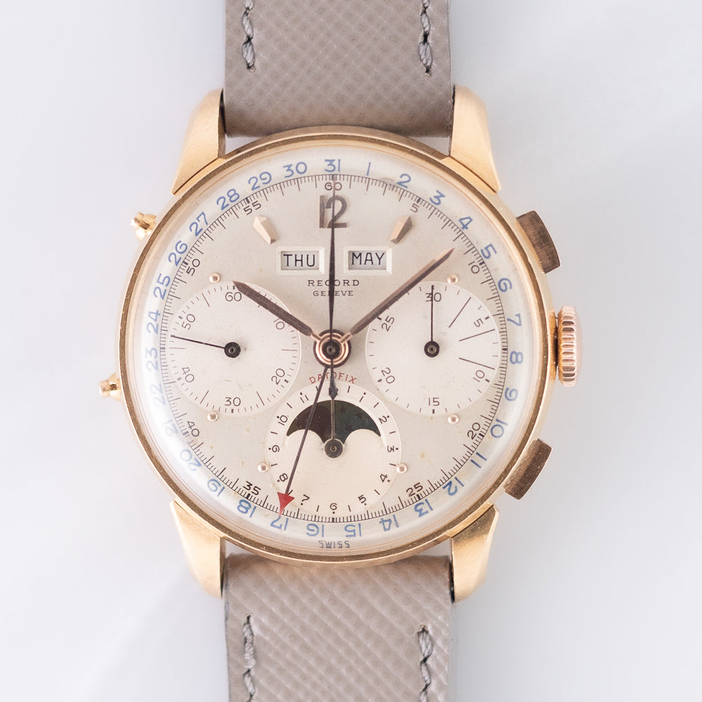 RECORD Valjoux 88 Triple Calendar Moon Phase Chronograph in 18K Rose Gold