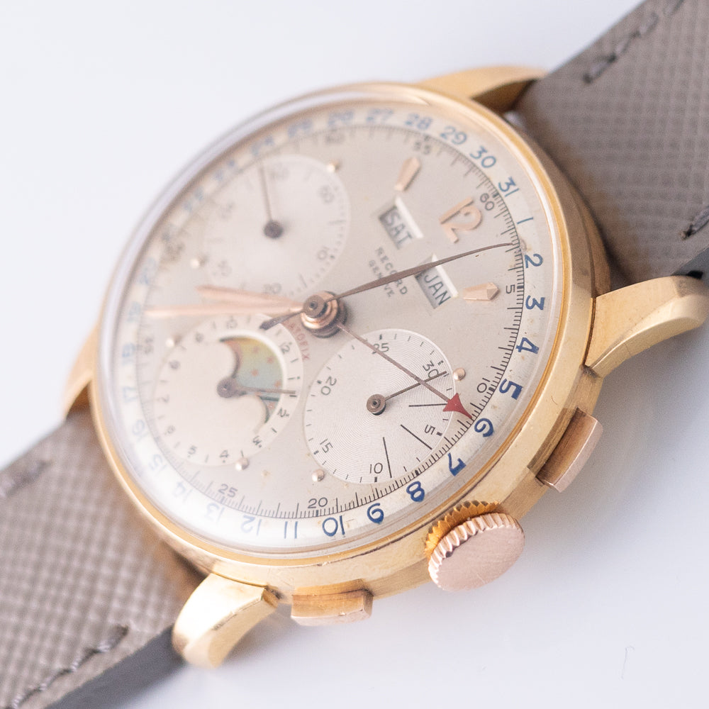 RECORD Valjoux 88 Triple Calendar Moon Phase Chronograph in 18K Rose Gold
