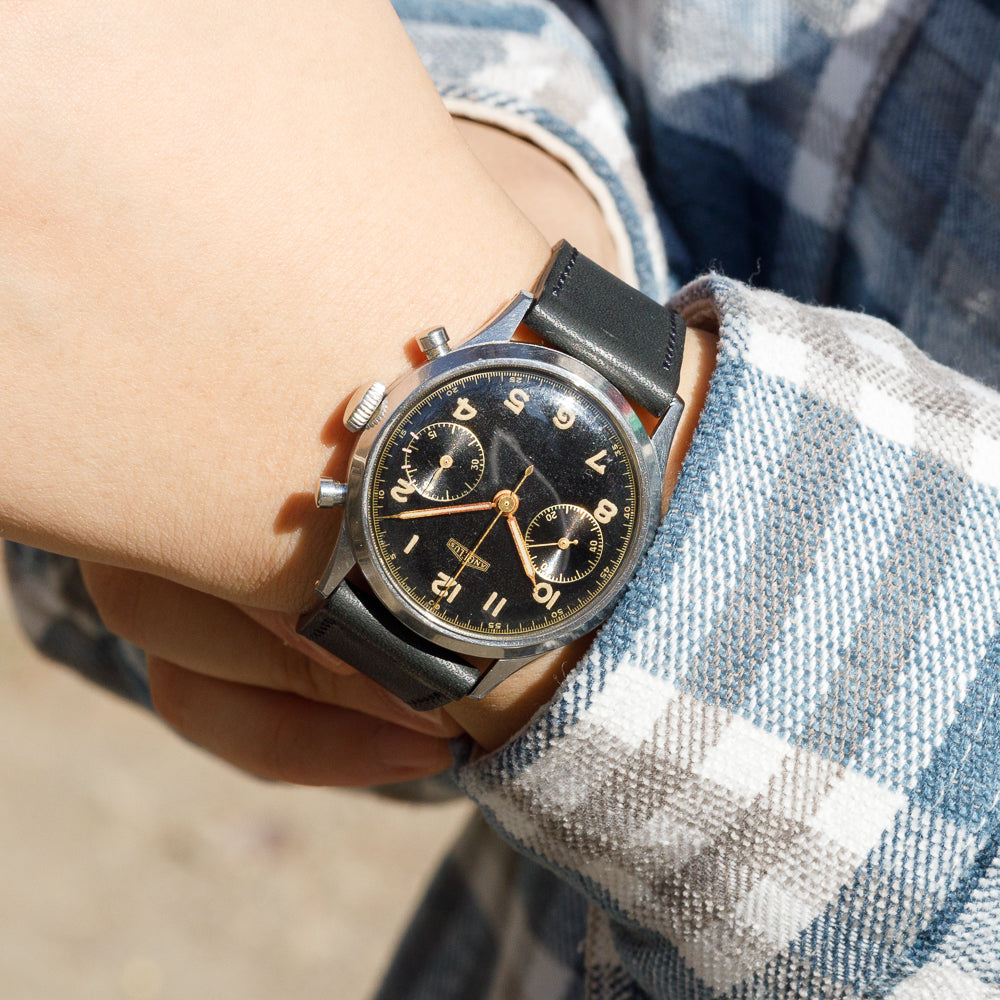 ANGELUS waterploof Micro Pusher Chronograph Black Gilt Dial Cal.215