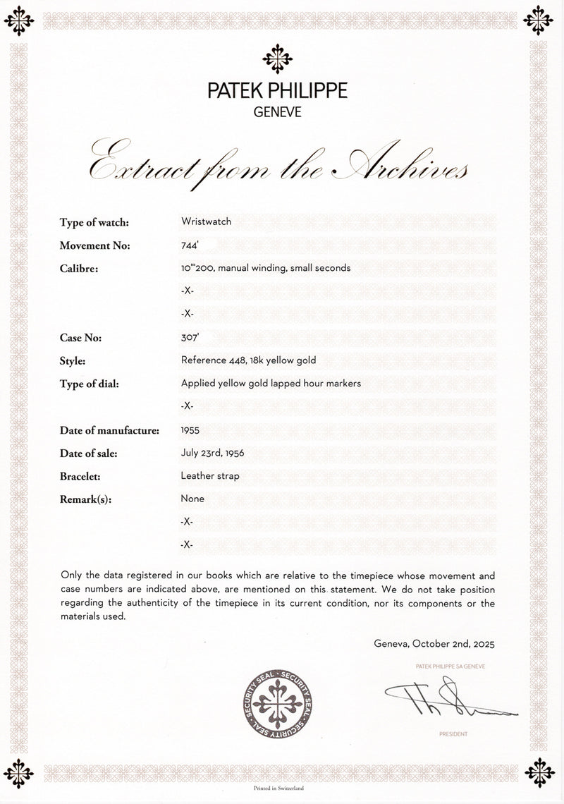 PATEK PHILIPPE Calatrava Ref.448 GÜBELIN 1955 w. Extract from the Archives