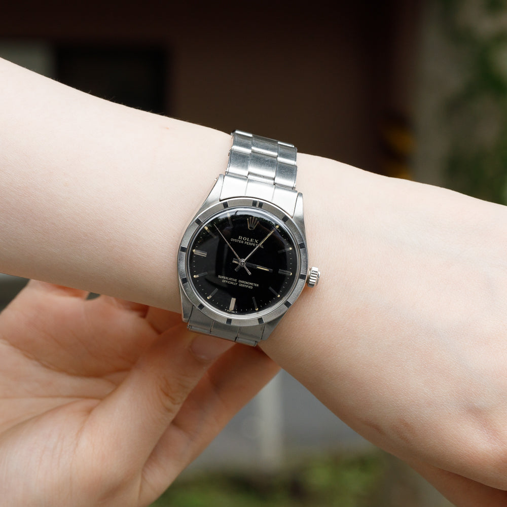 ROLEX OYSTER PERPETUAL Black Gilt Dial  Ref.1007  BOX and Paper