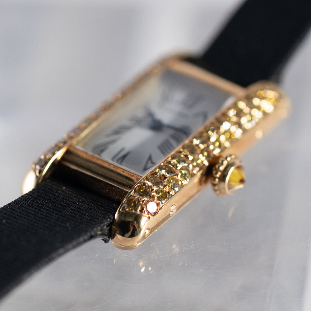 林美木子✖️Cartier菊置上 蛤香合 CARTIER SM TANK ALLONGEE Yellow Diamond Mecanique BOX – TIMEANAGRAM