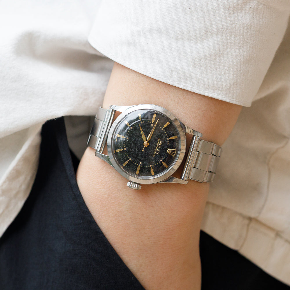ROLEX OYSTER PERPETUAL Ref.6332 Semi-Bubbleback Black Gilt Step Dial WAB Bracelet
