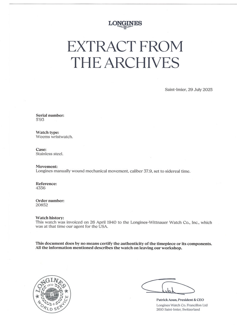 Longines Weems Second‑Setting/Hour Angle Ref.4356 / 20852 Extract from the Archives