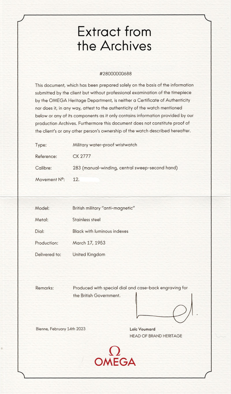OMEGA RAF British Military  'anti-magnetic' 'Thin Arrow' Ref.CK 2777 w. Extract from the Archives