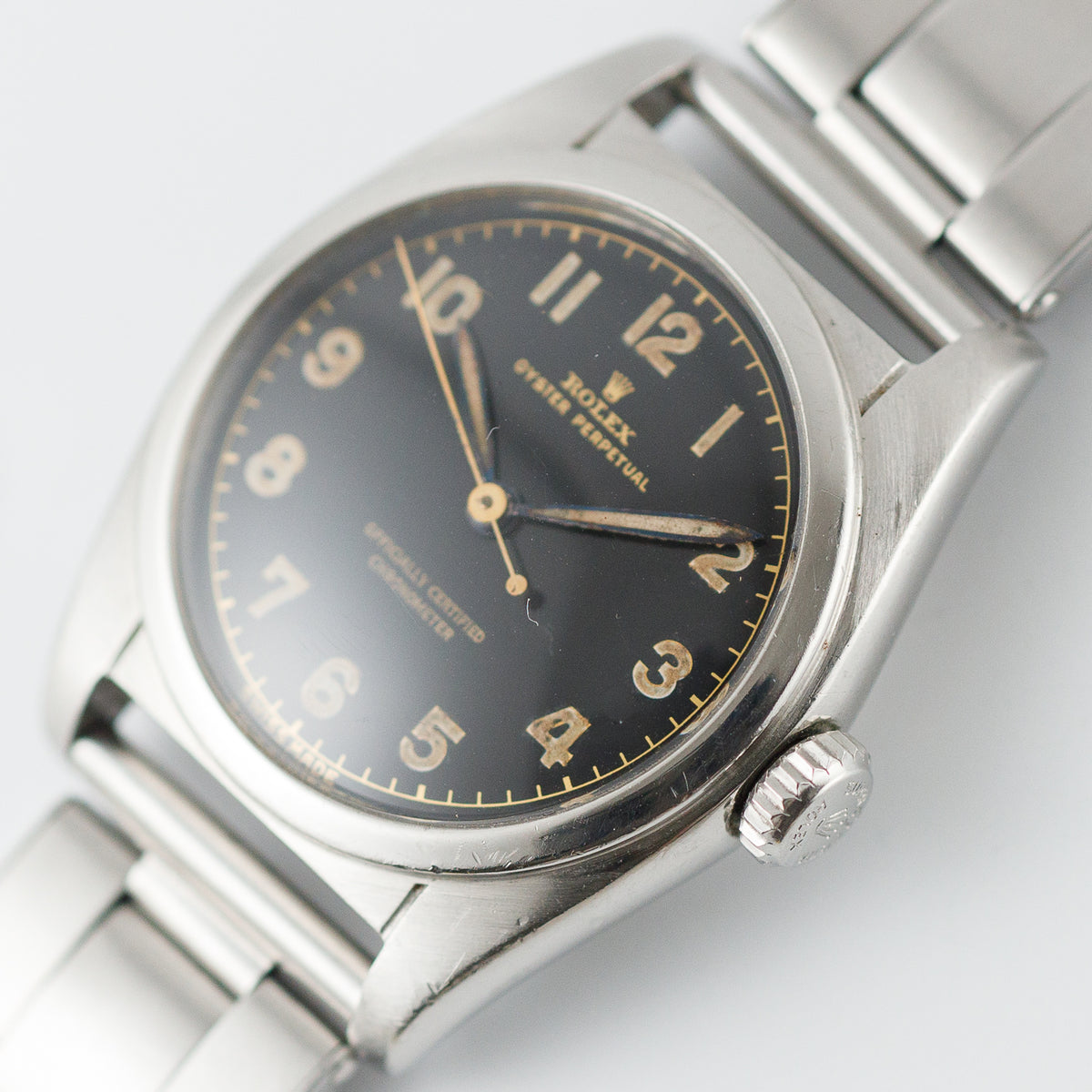 ROLEX BUBBLE BACK Ref.6050 Black Gilt Dial Expansion Bracelet